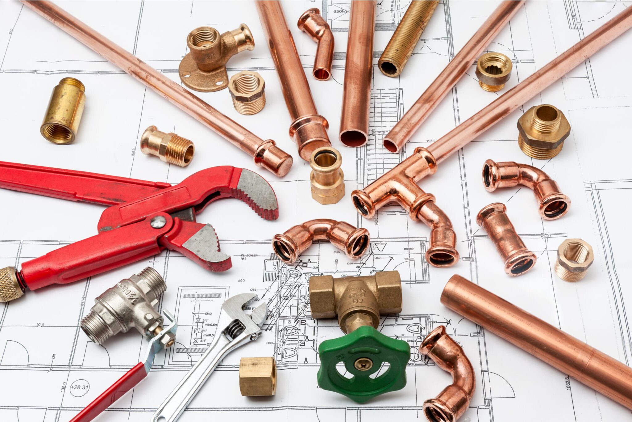 Copper pipes, fittings, valves, and plumbing tools in Harrisburg