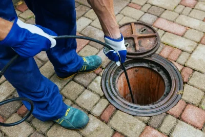 Plumber cleaning an outdoor sewer drain in Harrisburg