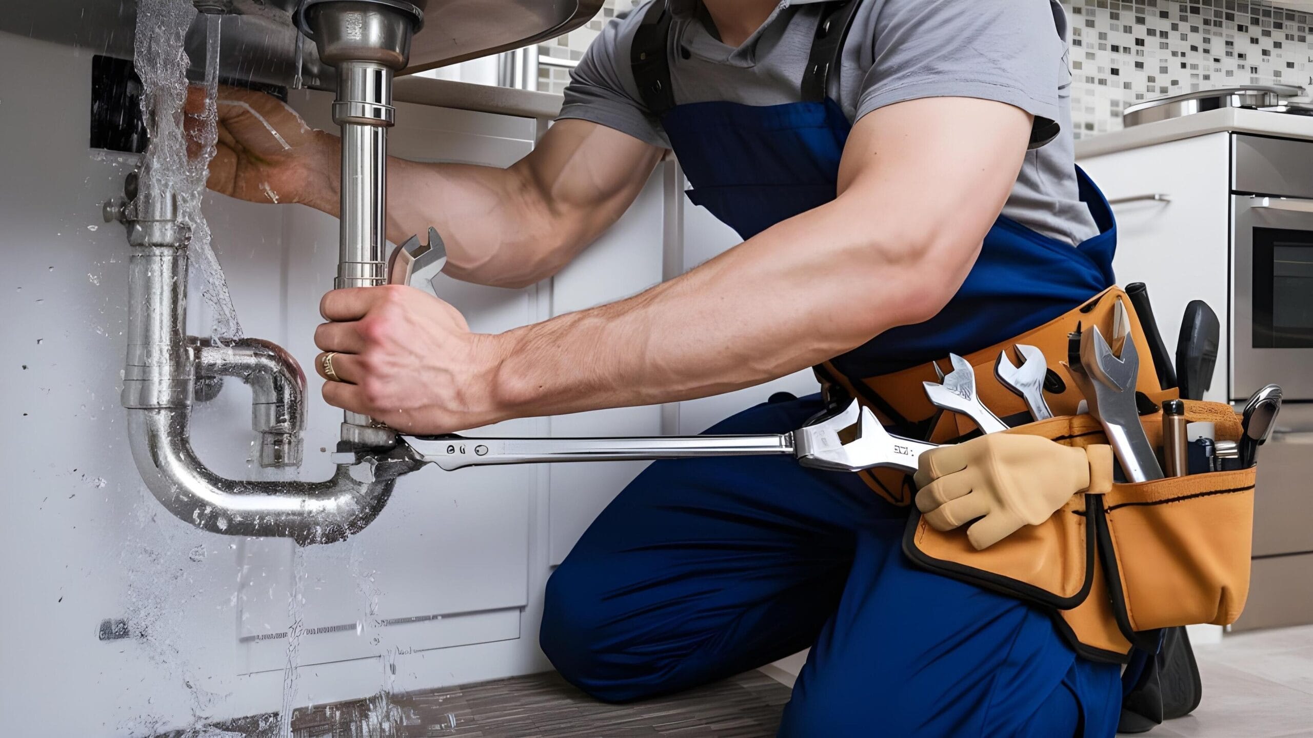 Plumber tightening a residential plumbing pipe in Harrisburg
