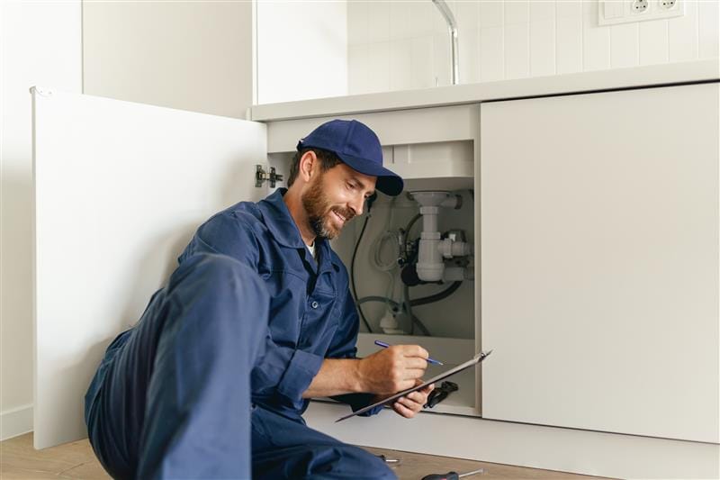 Residential plumber reviewing plumbing repairs in a Harrisburg kitchen