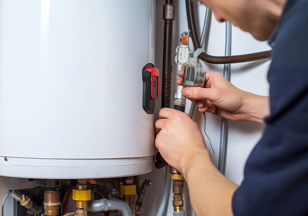 Technician repairing pipes connected to a water heater in Harrisburg